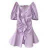 Women Purple White V Neck Puff Short Sleeve Strapless Ruffle Pleated A Line Empire Mini Dress Sweet Summer D2671 210514