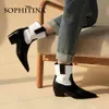 Sophitina Botas de Couro Genuíno Cowboy Black Snakeskin Botinhas De Outono Botinhas De Salto Baixo Feminino Senhoras Mulheres Sapatos PO711 210513