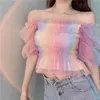 Chemise en mousseline de soie pour femmes de mode Summer Design Sense Mesh Slim Short Puff Sleeve Rainbow Top 210520