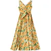 Summer Fashion Designer Women Sleeveless Lemon Yellow Flowers Printing Slim Long Midi Casual A Line Dresses 210514