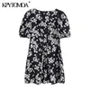 Women Chic Fashion Floral Print Pleated Mini Dress Vintage V Neck Puff Sleeve Female Dresses Vestidos Mujer 210416