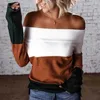 Elegant av axel patchwork rib sticka tröja kvinnor höst långärmad pullover toppar damer nya vinter sexiga backlsweaters x0721