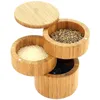 대나무 트리플 소금 상자 세 티어 소금과 고추 컨테이너 마그네틱 스위블 뚜껑 주방 도구
