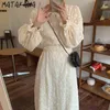 Matakawa chiffong flared ärm långa kvinnor klänning korea rund hals vestidos tredimensionell jacquard spets smal midja femme robe 210513