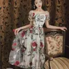 Letnia Haft Party Dress Kobiety Kwadratowy Kołnierz Puflowy Rękaw Róża Kwiat Haftowany Slim Talii Vintage Mesh Princess Dresses 210514