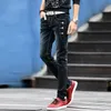 Джинсы Мужчины Молодая Мода Trend Корейский стиль High Street Streetwear Skin Slim Fit Кнопка Джинсовые Брюки Мужской Брюкер Черный Синий 210518
