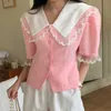 Korjpaa Kvinnorskjorta Sommar Korea Chic Retro Temperament Lace Doll Collar Stitching Single Breasted Thin Puff Sleeve Blus 210526