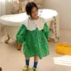 Style coréen Enfants Filles Robes florales Mignon Dentelle Turn-Down Collier à manches longues Robe de soirée Printemps 210615
