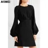 Women's Modest Day Mini Fitted Dress High Waist Female Zipper Long Puff Sleeves Shift Dresses Office Lady Work Plus Size Robes 210416