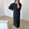 Summer Orange Vintage Maxi Dress Women Solid Casual Loose Pleated Puff Sleeve Split Strappy Robe Korean Clothing 210514