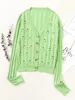 knitted hollow out floral embriodery pink crop cardigans women autumn winter lonf sleeve casual green 210427