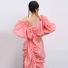 [EAM] Women Pleated Stitch Asymmetrical Big Size Dress V-Neck Half Sleeve Loose Fit Fashion Spring Summer 1T917 210512