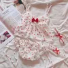 Women Pajamas Set Sexy Lingerie Lace Cut Night Ladies Sleeveless Sleepwear wear Strawberry Print for 210830