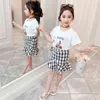 Girls Summer Clothes Plaid Pattern Set Tshirt + Skirt For Letter Children's Tracksuit 210528
