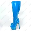 rontic women 겨울 방수 무릎 부츠 특허 얇은 하이힐 라운드 발가락 푸쉬 시아 레드 클럽 유니섹스 신발 플러스 미국 크기 5-20