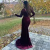 Elegancki arabski jesień winogronowy aksamitne suknie wieczorowe z długimi rękawami Syrenka formalna okazja suknia 2021 Maroko Kaftan Kobiety Prom Party Dress Sexy Side Split