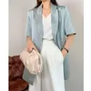 Women's Suits & Blazers Fashion Casual Loose Notched Summer Short Sleeved For Thin Acetic Satin Blue Ladies