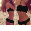 Sexig brasiliansk baddräkt kvinnlig solid halter spets bikini badkläder kvinnor simning kostym två bitar ruffle bikinis set vit 210629