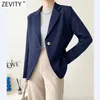 Zevity Women Fashion Once Button Navy Blue Fitting Blazer Coame Office Business Femme Overwear Chic Tops CT687 210603