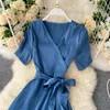 Women French Sweet Wrap Dress Summer Loose Lace up V Neck A-line Solid Dress Elegant Romantic Chic Midi Beach Dress 210419