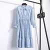 NIJIUDING Spring Summer Autumn Chiffon Print Dress Casual Cute Women floral Long Bowknot Dresses Sleeve Vestido S-XL Size 210423