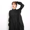 [EAM] Women Black Pleated Irregular Dress Stand Collar Long Sleeve Loose Fit Fashion Spring Autumn JO47800 21512