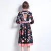 2022 Fashion Floral Midi Dress Woman Designer Spring Autumn Slim A-Line Pleated Formal Dresses Milan Runway Women Clothes Prom Black Long Sleeve Button Shirt Frock
