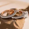 3PCS Vintage Fine Jewelry 925 Silver&Rose Gold Fill Three Stone Princess Cut White Topaz CZ Diamond Women Wedding Bridal Ring