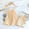 Summer Style Ladies Pajamas Two-piece 100%Cotton Crepe Suspender Shorts Vest Suit Sweet And Loose Home Service Sexy Pjs 210830
