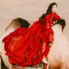 Yosimi Red Chiffonルーズロングレディースドレス夏のマキシエレガントな足首長さの蝶袖のフリル女性vestidos 210604