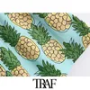 TRAF Kadınlar Chic Moda Ananas Baskı Şort Vintage Yüksek Elastik Bel Yama Pockets Kadın Kısa Pantolon Pantalones 210415