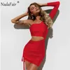 Nadafair One Shoulder Sexy Summer Dress Women Long Sleeve Hollow Out Draped Mini Party Club Wrap Bodycon Dress Red White Black Y1006