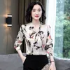 Koreanska mode silke kvinnor blouses bow office lady blusas largas satin blomma skjorta plus storlek s toppar och 210531