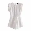 Za Ruffle Texturizado Bordado Curto Macacão Mulheres Sexy Backless Branco Verão Playsuit Mulher Chic Openwork Bordado Playsuits 210602