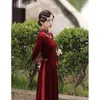 Ethnic Clothing Autumn And Winter Bride Square Neck Velour Dress Elegant Burgundy Long Sleeve Evening Party Gown