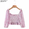 Kvinnor söt rosa blommig print chiffon kort blus kvinnlig chic av axel elastisk pleat ruffles tröja tops ls9179 210420