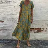 Zanzea Женщины Sundress Богемский Флористический Распечатать Пляж Maxi Платье Винтаж V Шея Короткая Рукава Негабаритные Платья Femme Kaftan Vestido7 X0521