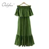 Kvinnor Ruffle Maxi Off Shoulder Sommar Sundress Stretch Slash Neck Loose Green Vocation Sexig Long Beach Dress 210415