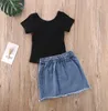 幼児の赤ちゃんの女の子の服はソリッドカラーニットコットン半袖トップスデニムボタンスカート2ピース衣装服