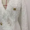 HIGH STREET Elegante abito di design da donna con scollo a V, doppio petto, bottoni a forma di leone, nappa con frange, tweed 210521