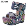 Slippers Eilyken New Wholesale Green Serpentine Wedges High Heels Leisure Summer Sandal Women Shoes Woman Platform Mules220308