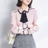 Koreanska Silk Kvinnor Satin Blus för Bow Slips S Kvinna Kontor Lady Tops Plus Storlekskjorta 210604