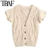 TRAF Mulheres Moda Com Ruffles Sweater Vest Bule Vintage Vintage Vintage Vintage Button-Up Feminino Waistcoat Chique Tops 210415