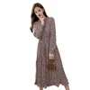 Höst och vinter Vintage Blommigryck Chiffon Kvinnor Midi Long Dress Stand Collar High Elastic Waist Vestidos 10530 210417