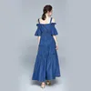 Dames Zomer Elegante Lange Maxi Denim Jurk Hoge Kwaliteit Vintage Flare Sleeve Sexy Strapless Designer Runway Vestidos 210520