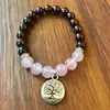 Charm Bracelets Garnet Stone & Rose Q-uartz Beaded Bracelet Girl 8mm Natural Wrist Tree Of Life Yoga Energy Healing Boho Women