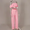 Sexy off the schouder Twee -delige set tracksuit vrouwen crop tops lange broek suit veer solide korte mouw wijd been pakken 210331