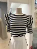 Sweet Ruffles Patchwork Black White Striped Slim Shirts Women Simple O-neck T Shirt Summer Short Sleeve Tops for Women 210514