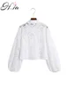 HSAホワイトレースの花かぎ針編み袖の綿のブラウスボーレディースシャツBlusas Roupa Feminina Outwear 210417