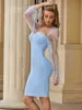 Vrouwen winter sexy lange mouwen kant skyblue bandage jurk ontwerper elegante beroemdheid avondfeest vestido 210527